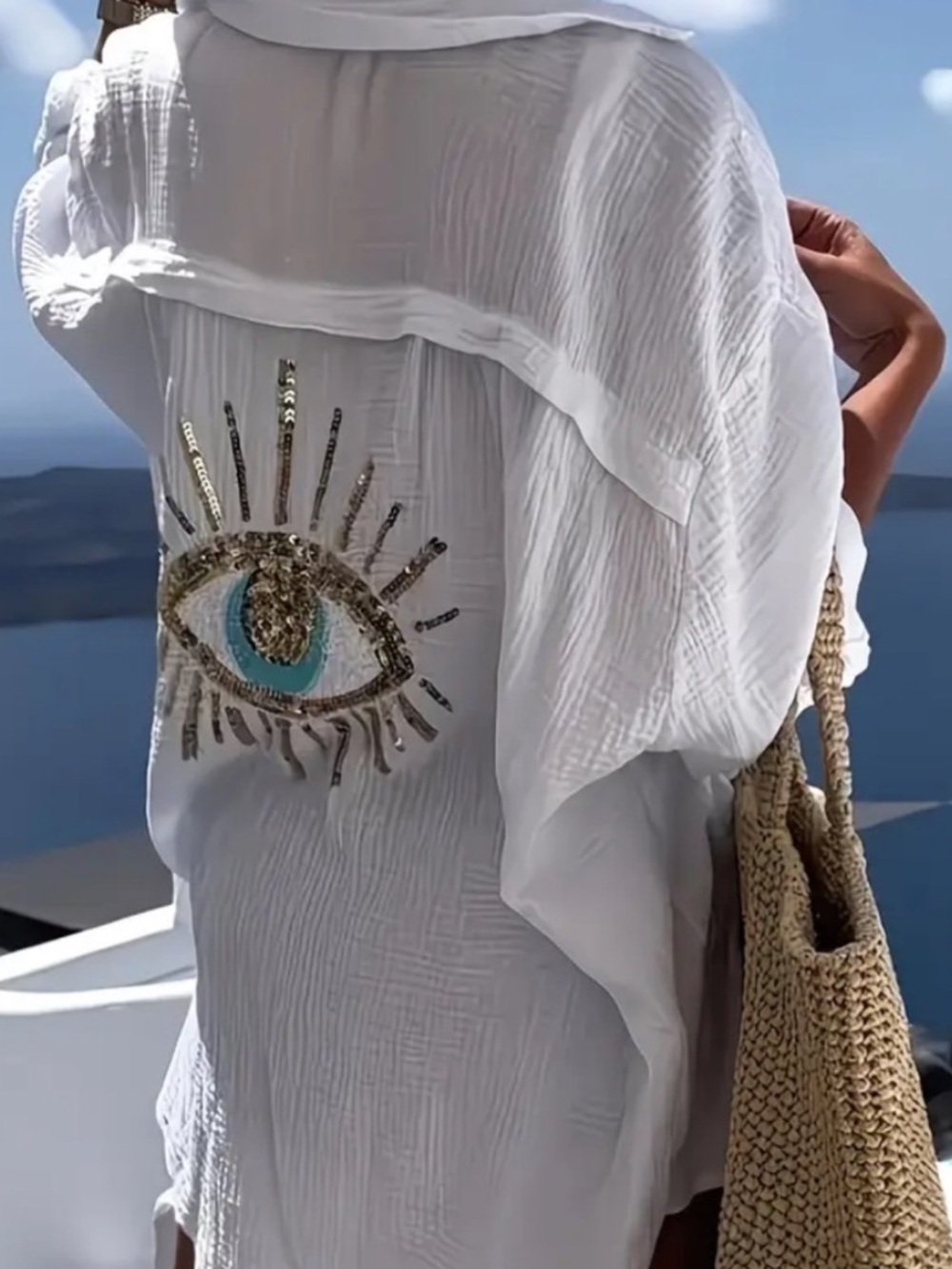 Beach Cover-Up With Embroidered Evil Eye design 100% Cotton Size Large